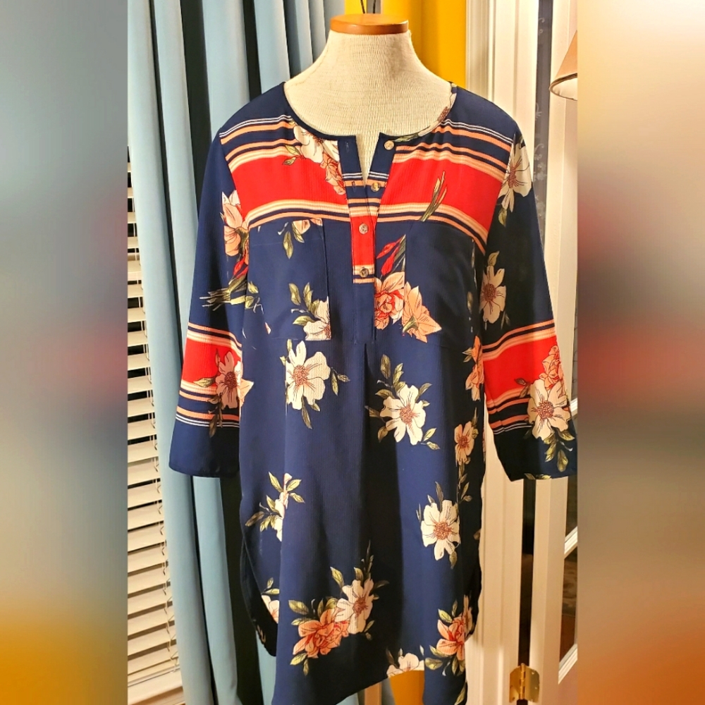 Fig and Flower Womens Tunic Top Crepe Floral 3/4 Sleeve size Large